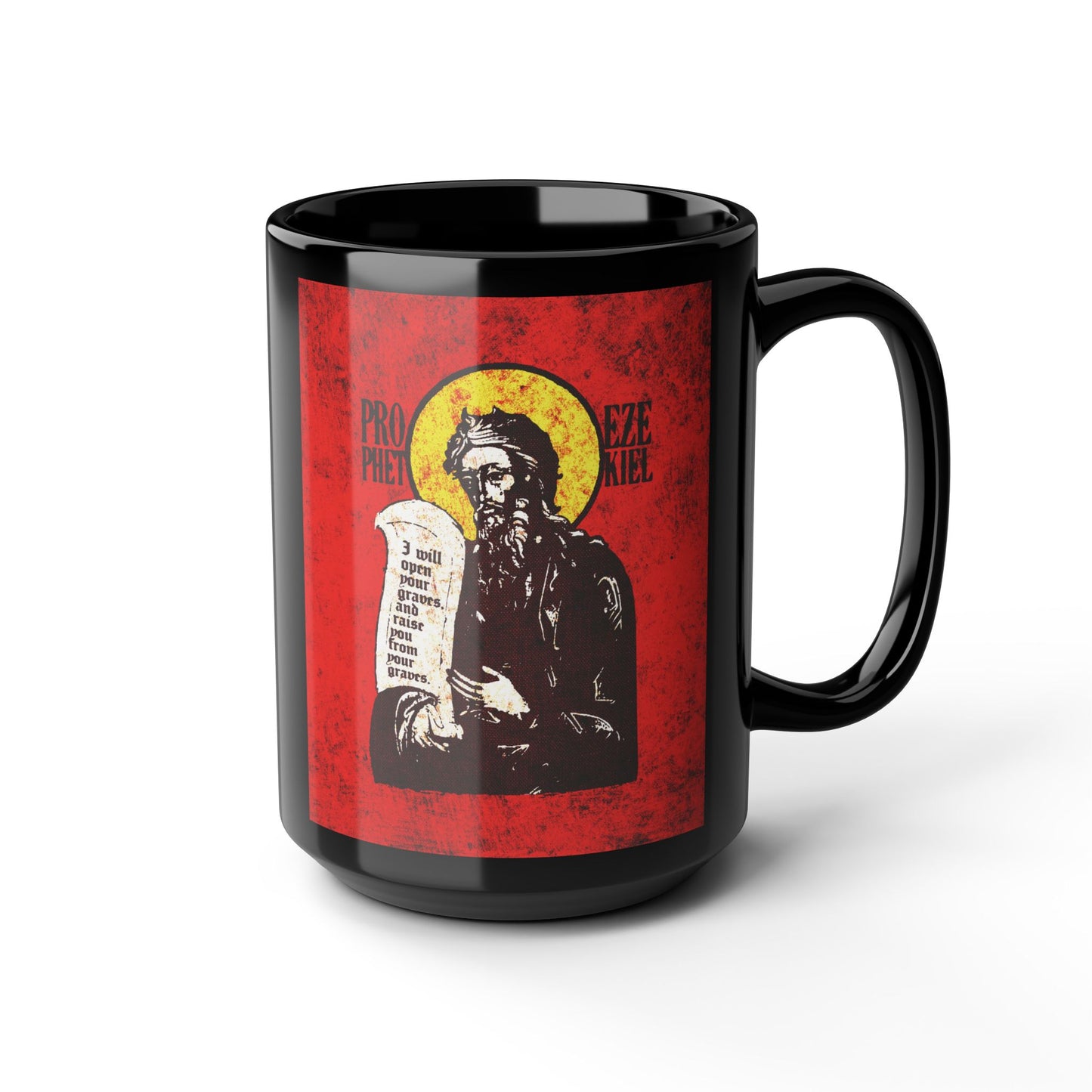 Prophet Ezekiel IconoGraphic | Textured, High Contrast Bright Red and Yellow Design | Old Testament | Orthodox Christian Black Mug