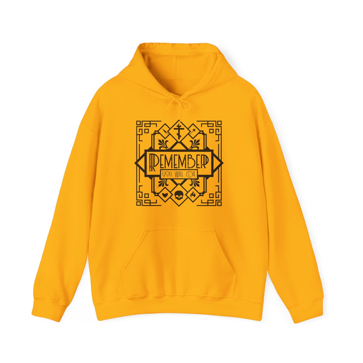 Gold hoodie featuring a black and white art deco line design with skull, heart, and fire motifs, plus the message "Remember You Will Die"—a memento mori inspired by Orthodox Christian tradition.