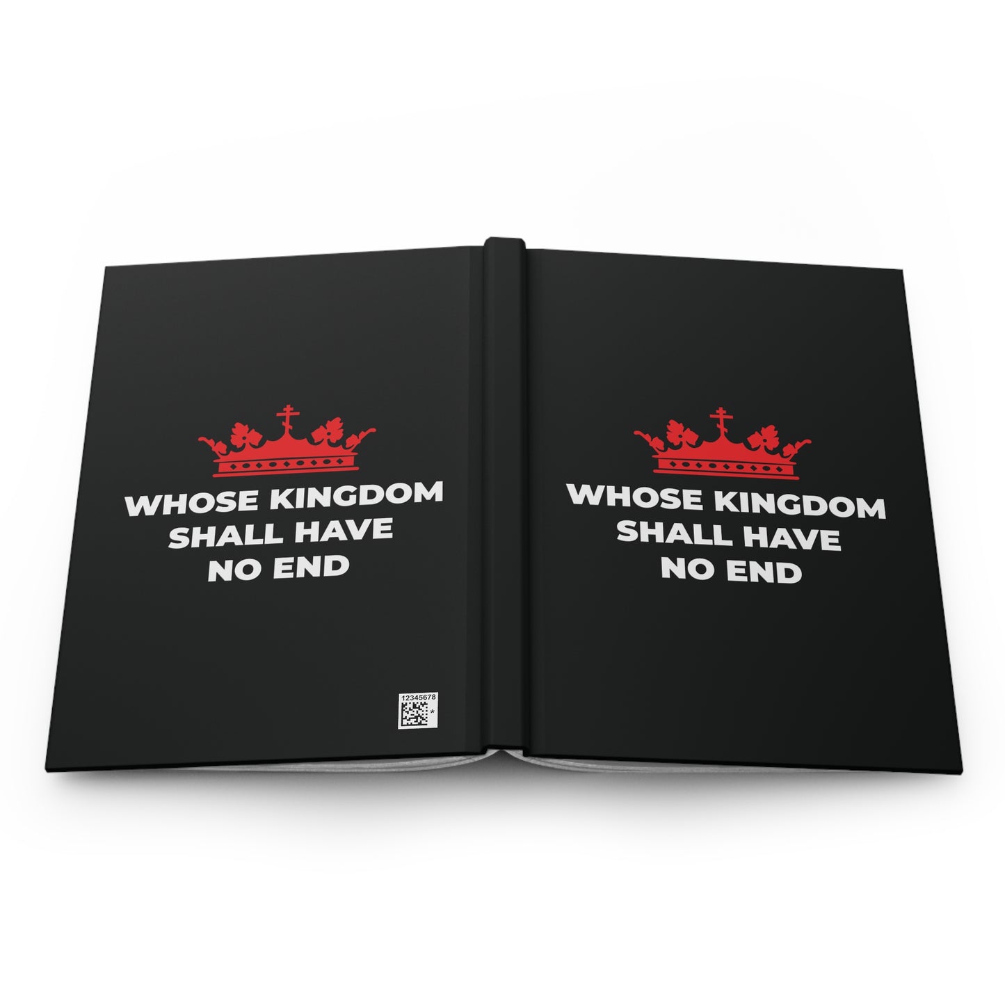 Black hardcover journal titled "Whose Kingdom Shall Have No End," featuring a red Orthodox cross crown and white text, inspired by the Nicene Creed and Christian eschatology.