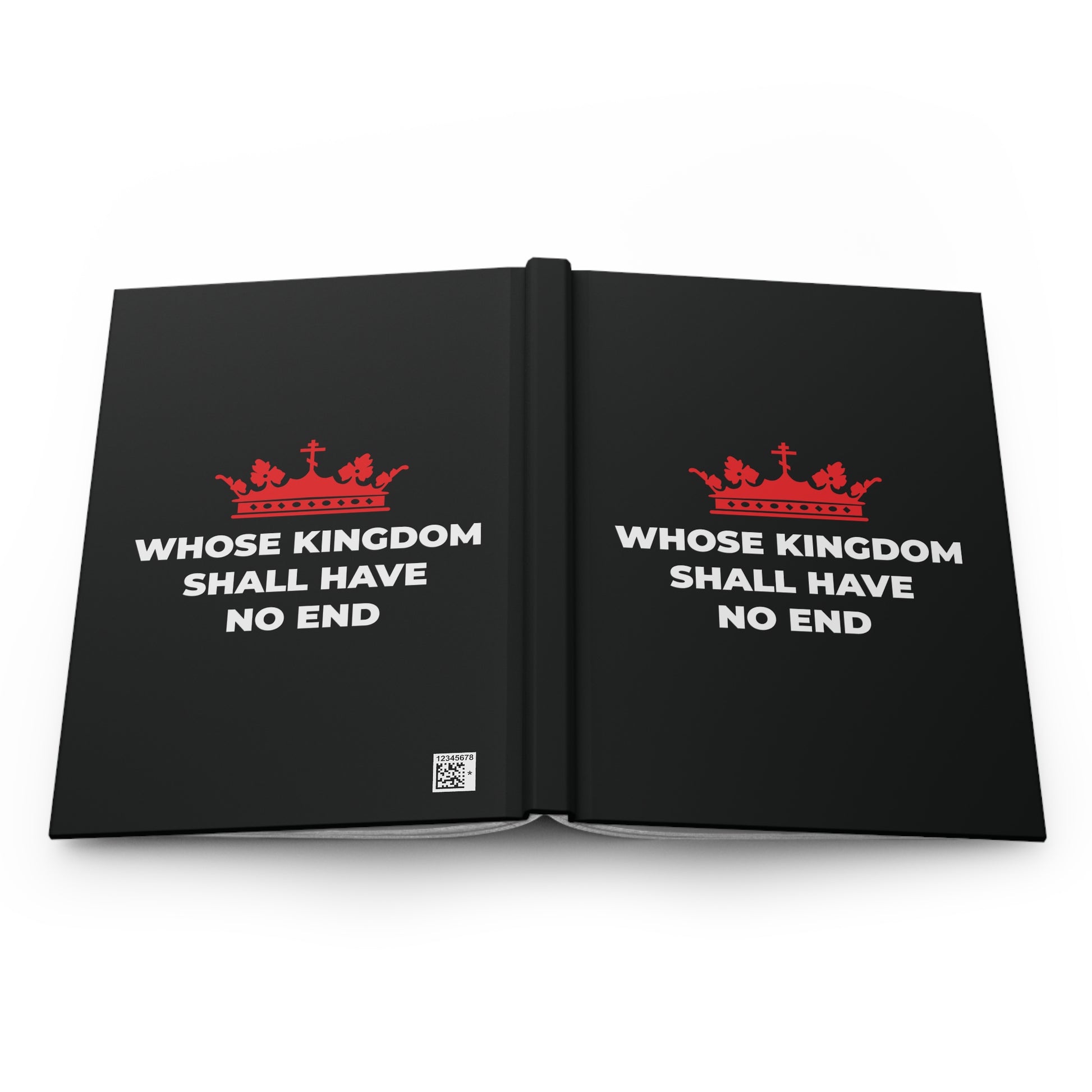Black hardcover journal titled "Whose Kingdom Shall Have No End," featuring a red Orthodox cross crown and white text, inspired by the Nicene Creed and Christian eschatology.