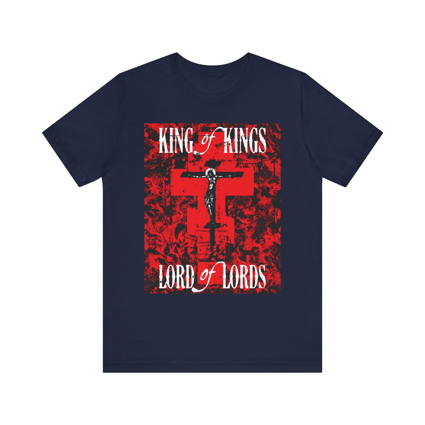 King of Kings, Lord of Lords | Christ Crucified Icono-Graphic | Red Cross Nature Texture w/ White Text | Lightweight Cotton Unisex Tee