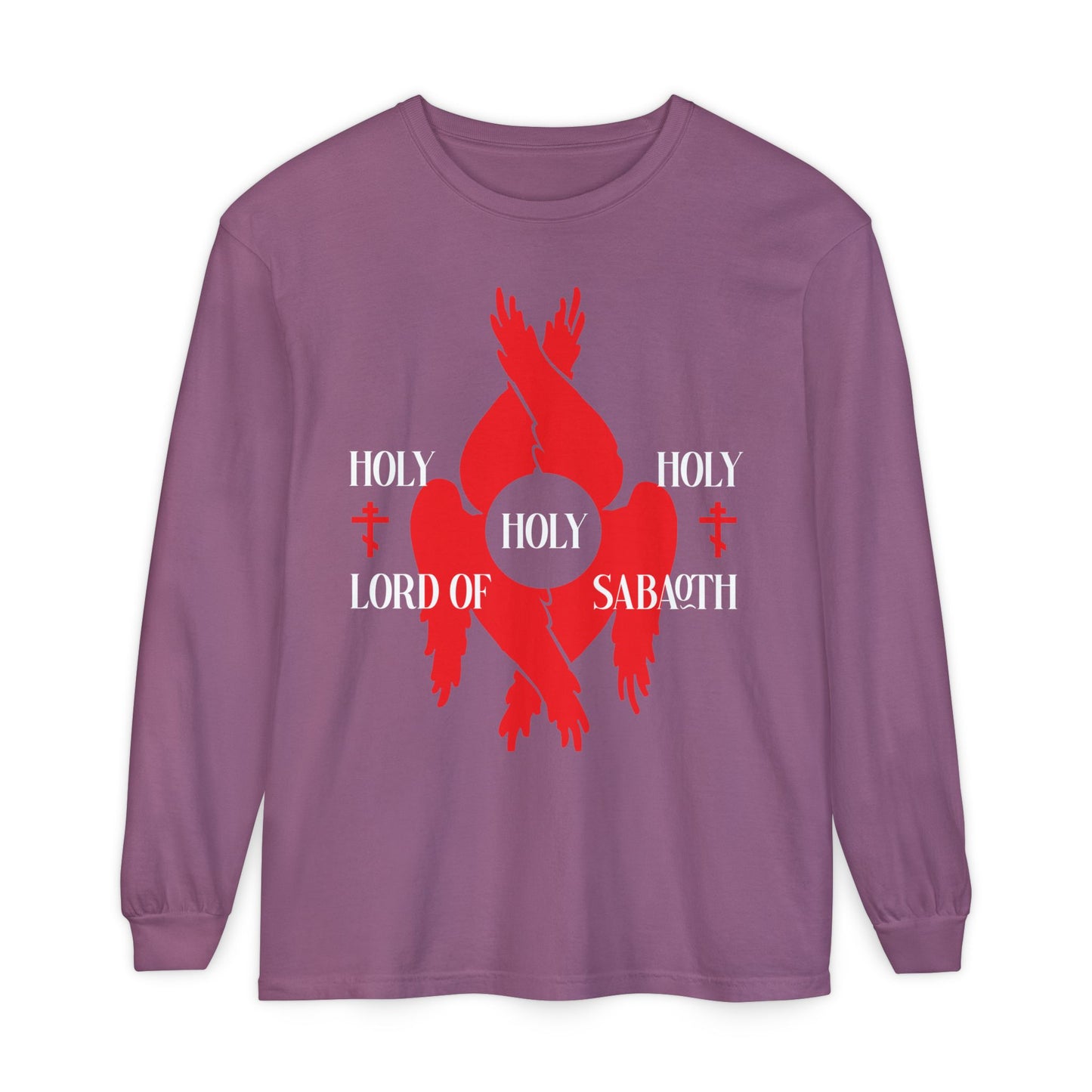 Berry long-sleeve cotton shirt featuring red seraphim wings, Orthodox crosses, and "Holy Holy Holy Lord of Sabaoth" text—Isaiah 6:3 inspired, reflecting the seraphim’s praise.