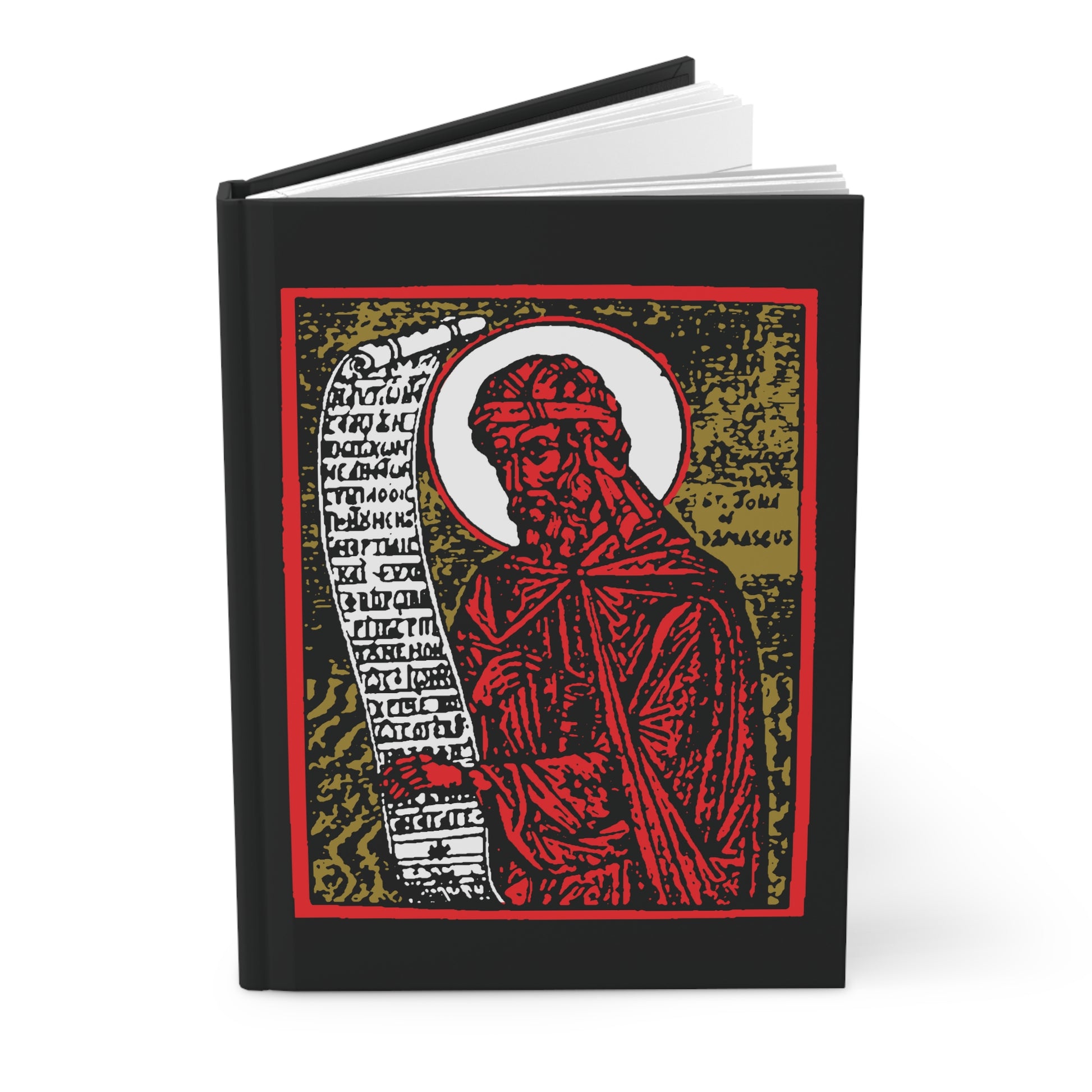 Hardcover journal featuring a high-contrast red, gold, and black icon of St. John of Damascus holding a scroll with Greek Orthodox hymns, from the St. John of Damascus Icono-Graphic collection.