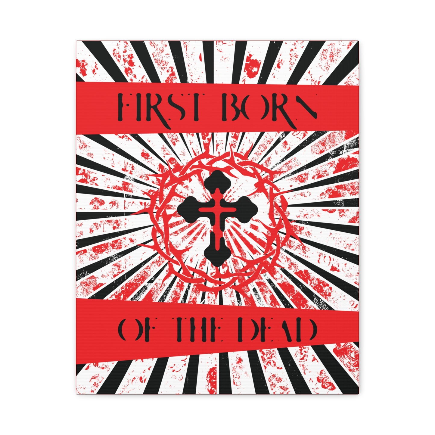 First Born of the Dead | Orthodox Cross and Crown of Thorns | Red White and Black Textured Design with Rays | Orthodox Christian Canvas Art