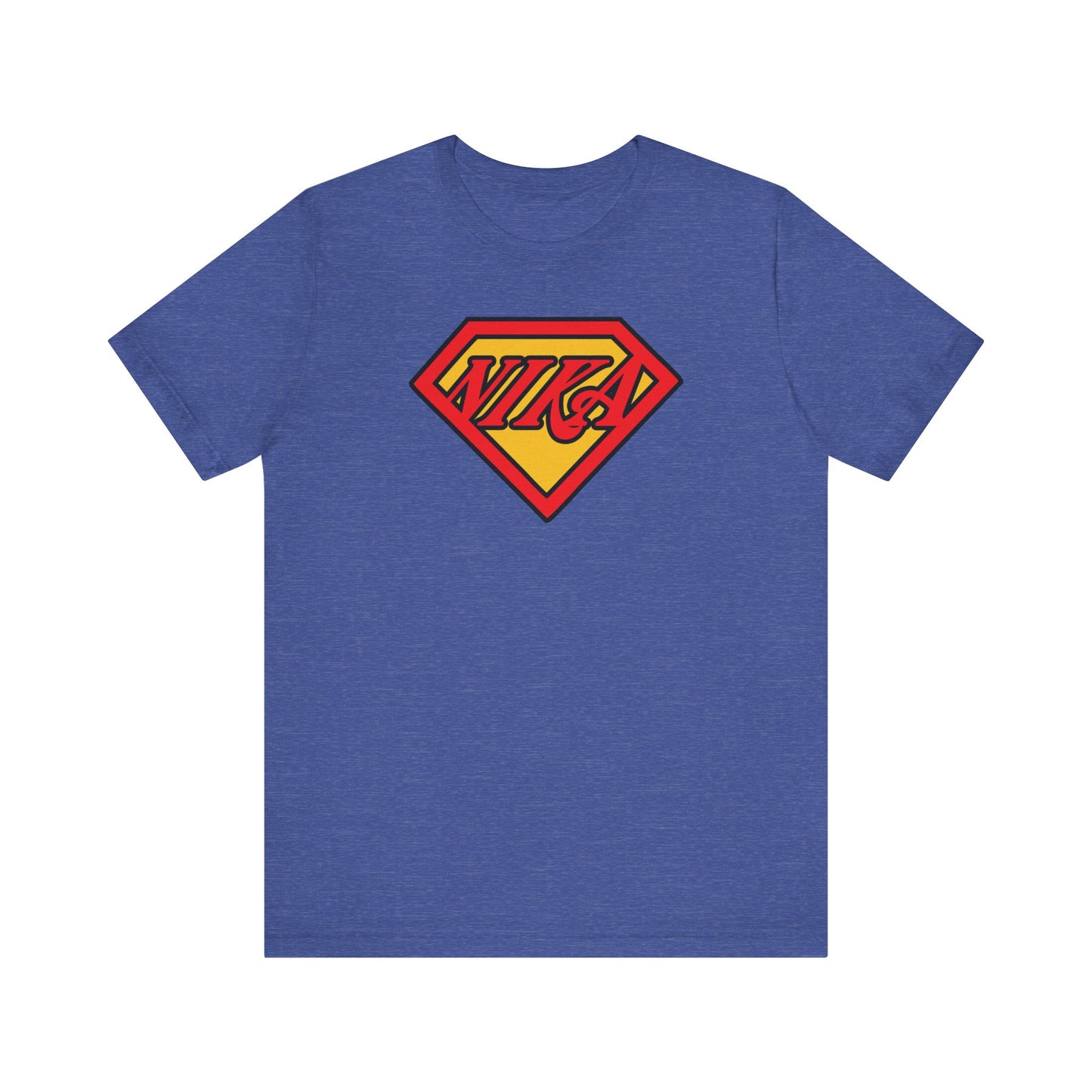 Heather True Royal t-shirt featuring a red and yellow superhero-style NIKA emblem in bold comic book lettering, inspired by the steadfast faith of St John of Kronstadt and his message to overcome passions; part of the “NIKA Superm@n Logo | Comic Book Pop Culture Christian Mashup” Orthodox Christian lightweight cotton unisex tee collection.