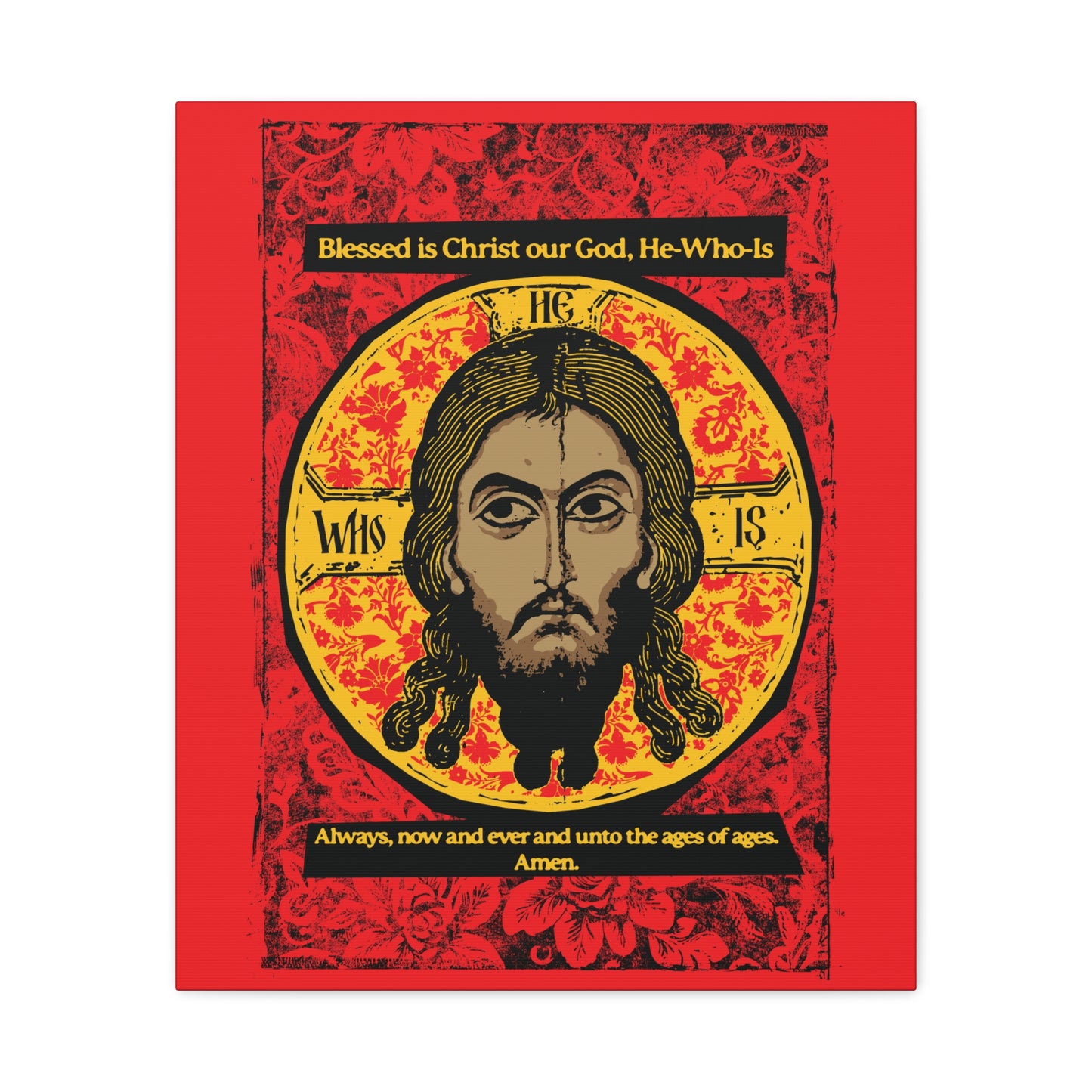 Remembrance of Death "Made Without Hands (Mandylion/Image of Edessa)" canvas wall art features Jesus Christ’s face with long hair and beard in a yellow circle with red floral patterns, plus an Orthodox hymn reflecting Troparion Tone 2, on a red background.