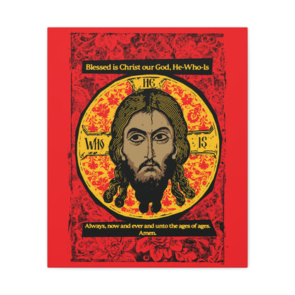 Remembrance of Death "Made Without Hands (Mandylion/Image of Edessa)" canvas wall art features Jesus Christ’s face with long hair and beard in a yellow circle with red floral patterns, plus an Orthodox hymn reflecting Troparion Tone 2, on a red background.