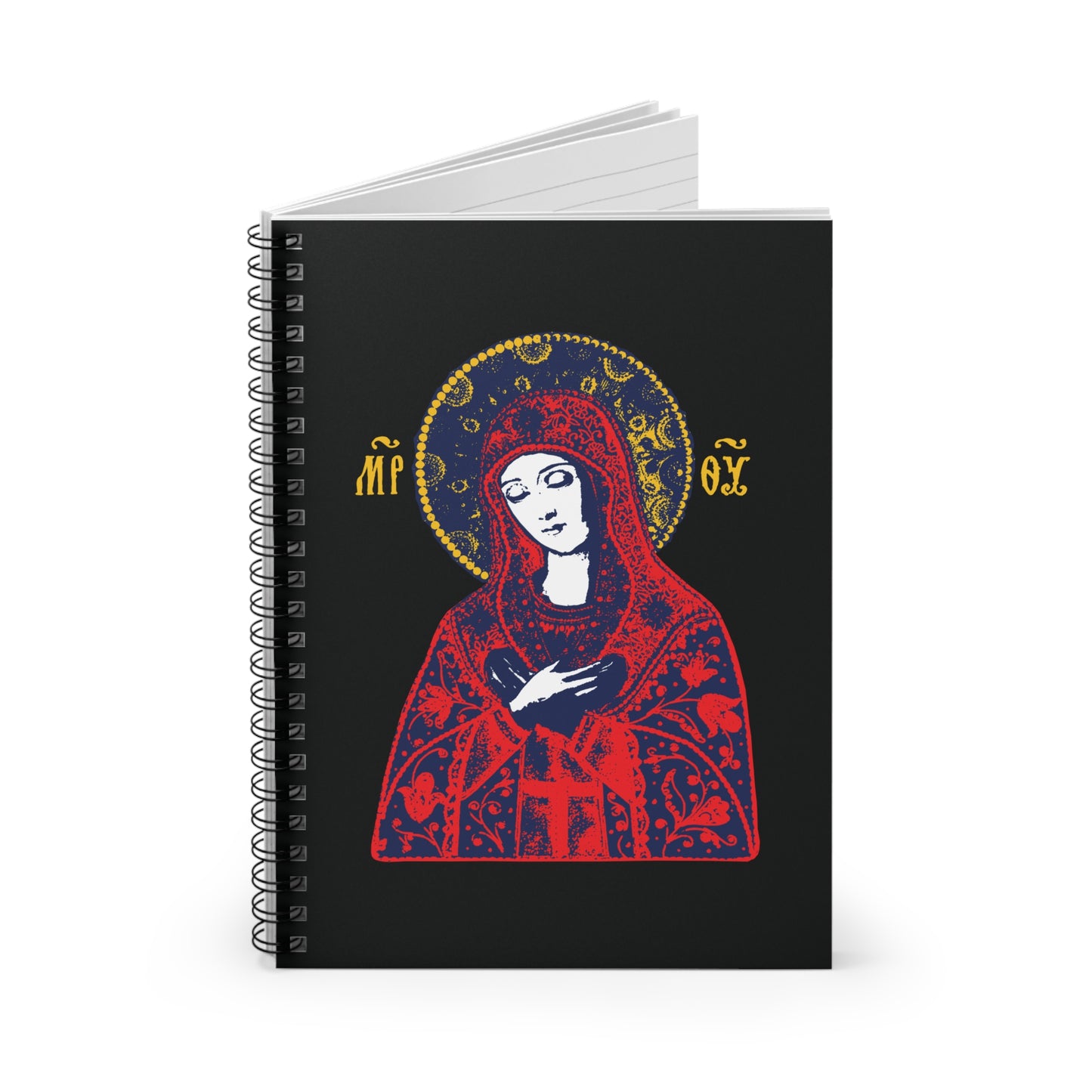 Spiral notebook titled "Joy of All Joys Tenderness Theotokos," featuring traditional Orthodox iconography in red on a black cover with gold accents and letters.