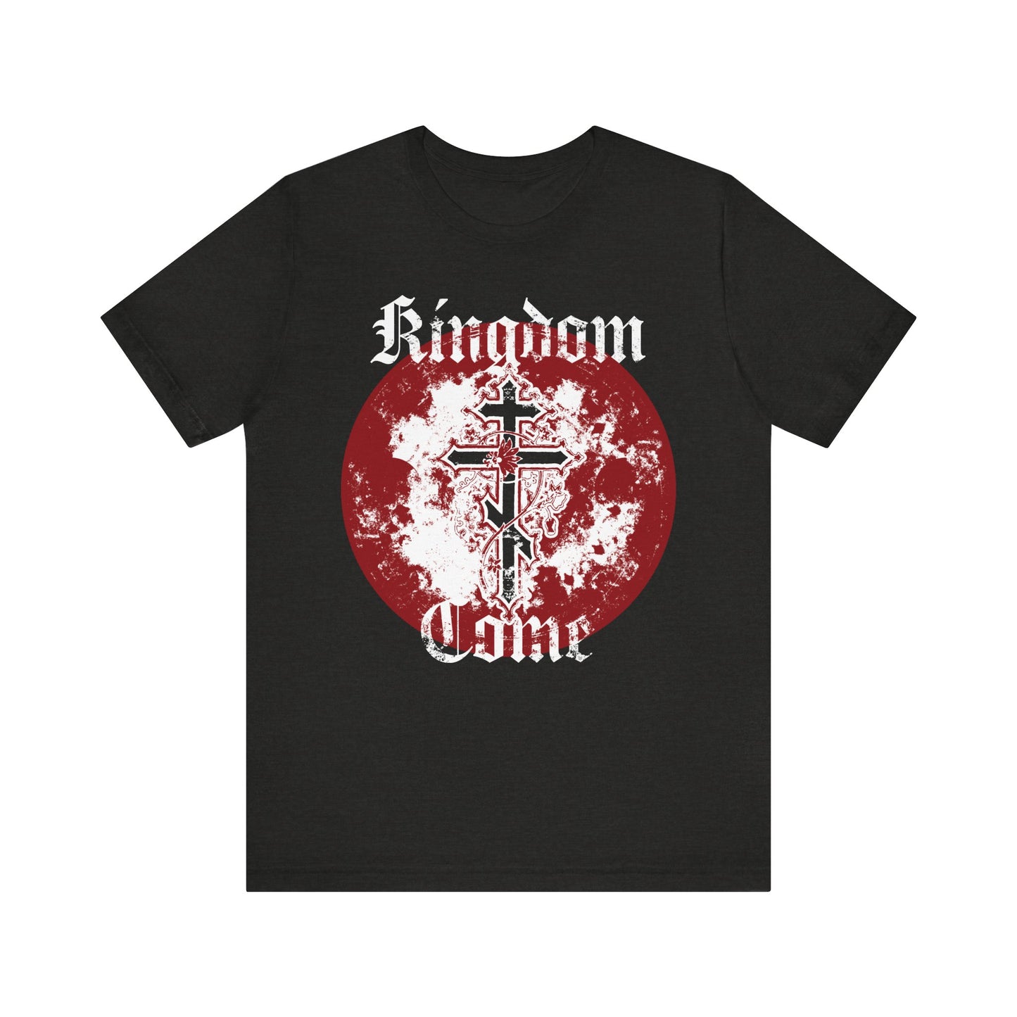 Black Heather unisex lightweight cotton tee featuring "Kingdom Come" in textured Gothic font, two Orthodox crosses with vine, and a distressed red and white circle background inspired by the Lord’s Prayer.