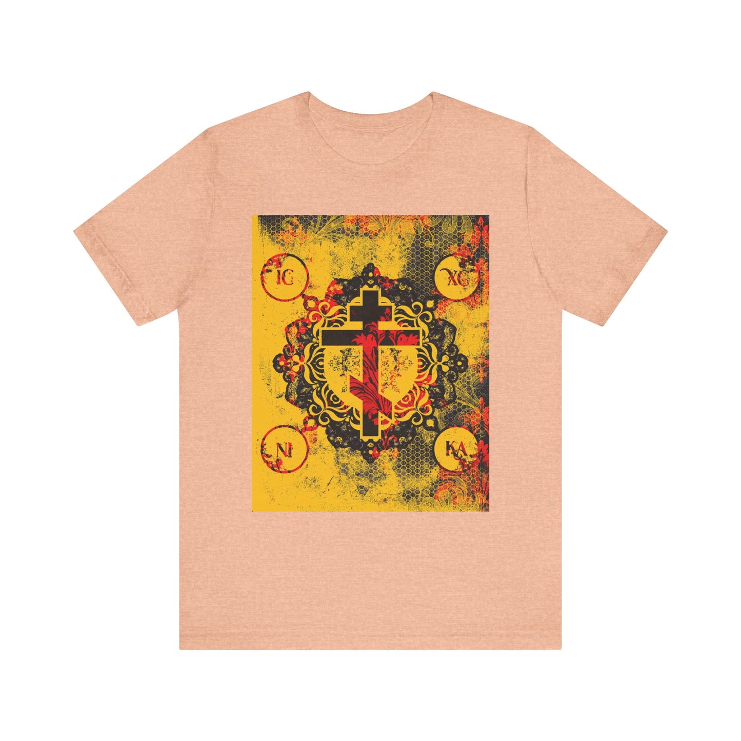 The IC XC NIKA Orthodox Cross t-shirt in Heather Peach features a bold yellow and red medieval floral cross design, inspired by Orthodox Christian symbolism and the mystery of Christ’s sacrifice. Lightweight unisex cotton.