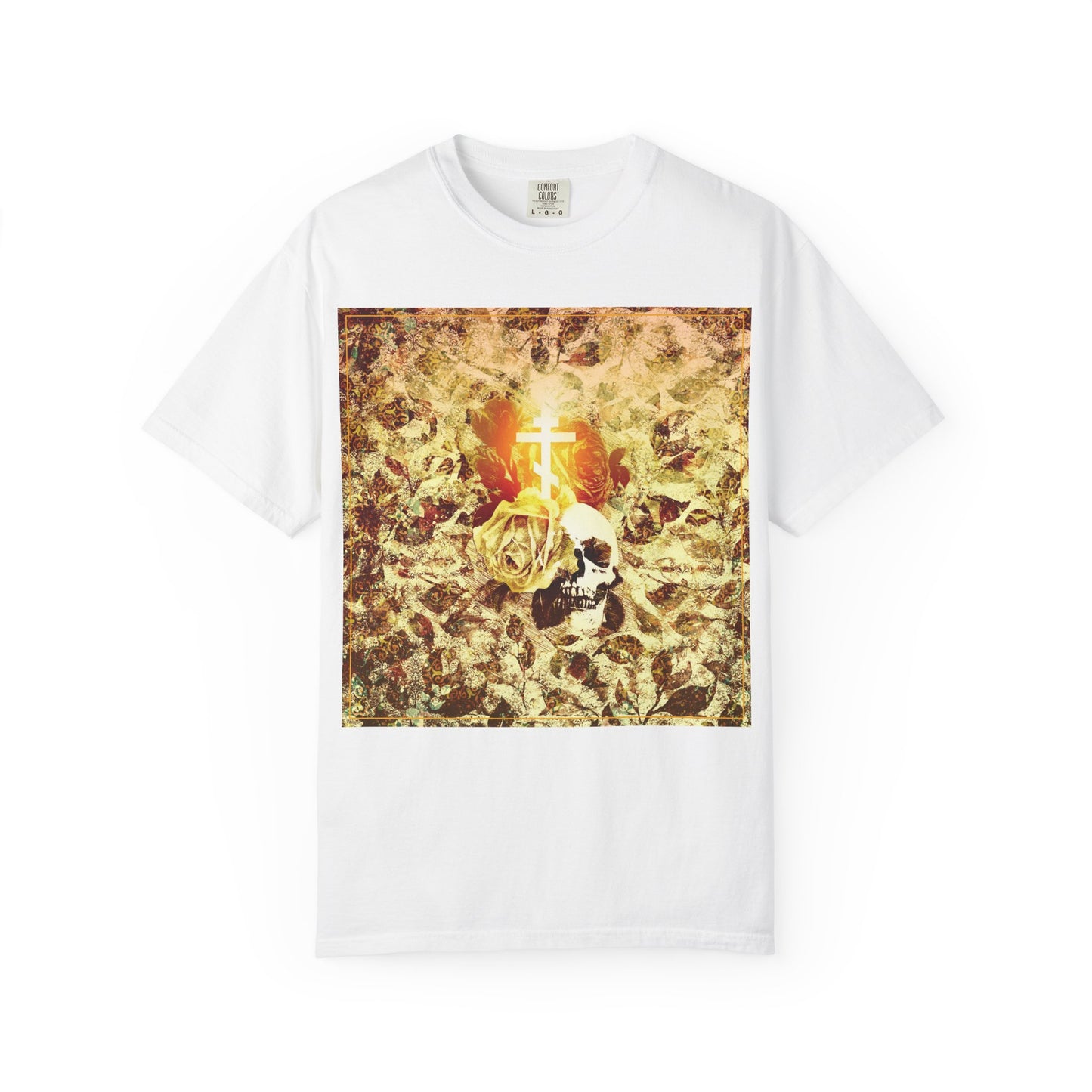 White “Rose & Skull Glowing Orthodox Cross” heavyweight cotton unisex tee featuring a graphic of a gold rose, skull, and ornate glowing cross on a textured floral golden background—a gothic Christian aesthetic inspired by the valley of dry bones from the Ezekiel prophecy.