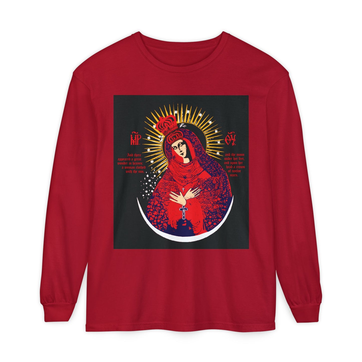 Red long-sleeve cotton shirt with blue and gold iconography, featuring Our Lady the Gate of Dawn—Theotokos Crowned, Woman of the Apocalypse—inspired by Lithuanian Orthodoxy.