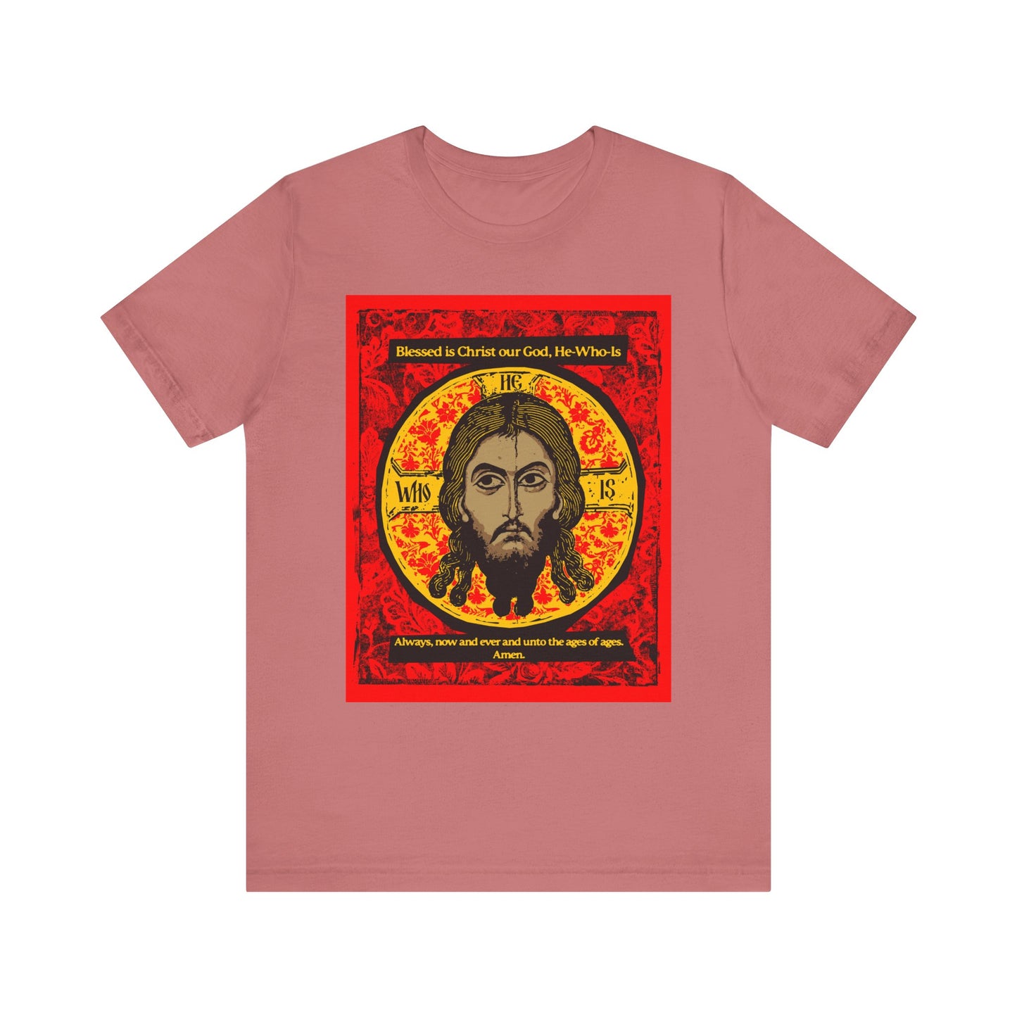 Mauve "Made Without Hands" tee features an icon-style image of Christ (Mandylion/Image of Edessa) and veneration-inspired Orthodox hymn text. Lightweight cotton unisex shirt, perfect for Christian faith expression.