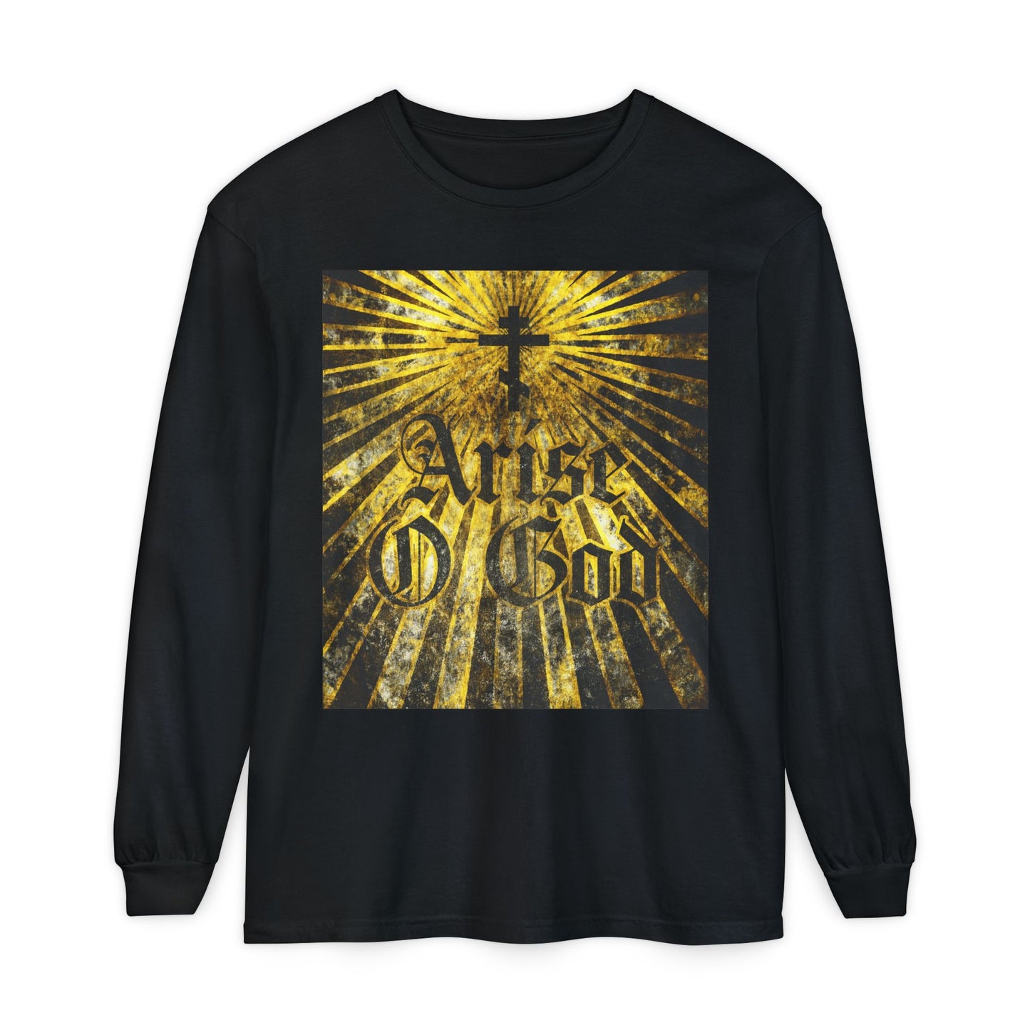 Black long-sleeve "Arise O God" shirt featuring a textured Gothic font, Orthodox cross, and golden rays— inspired by Psalm 81 (82 LXX) and the Divine Council worldview in Orthodox Christianity.