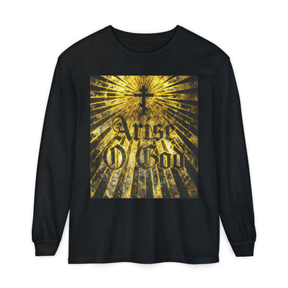 Black long-sleeve "Arise O God" shirt featuring a textured Gothic font, Orthodox cross, and golden rays— inspired by Psalm 81 (82 LXX) and the Divine Council worldview in Orthodox Christianity.