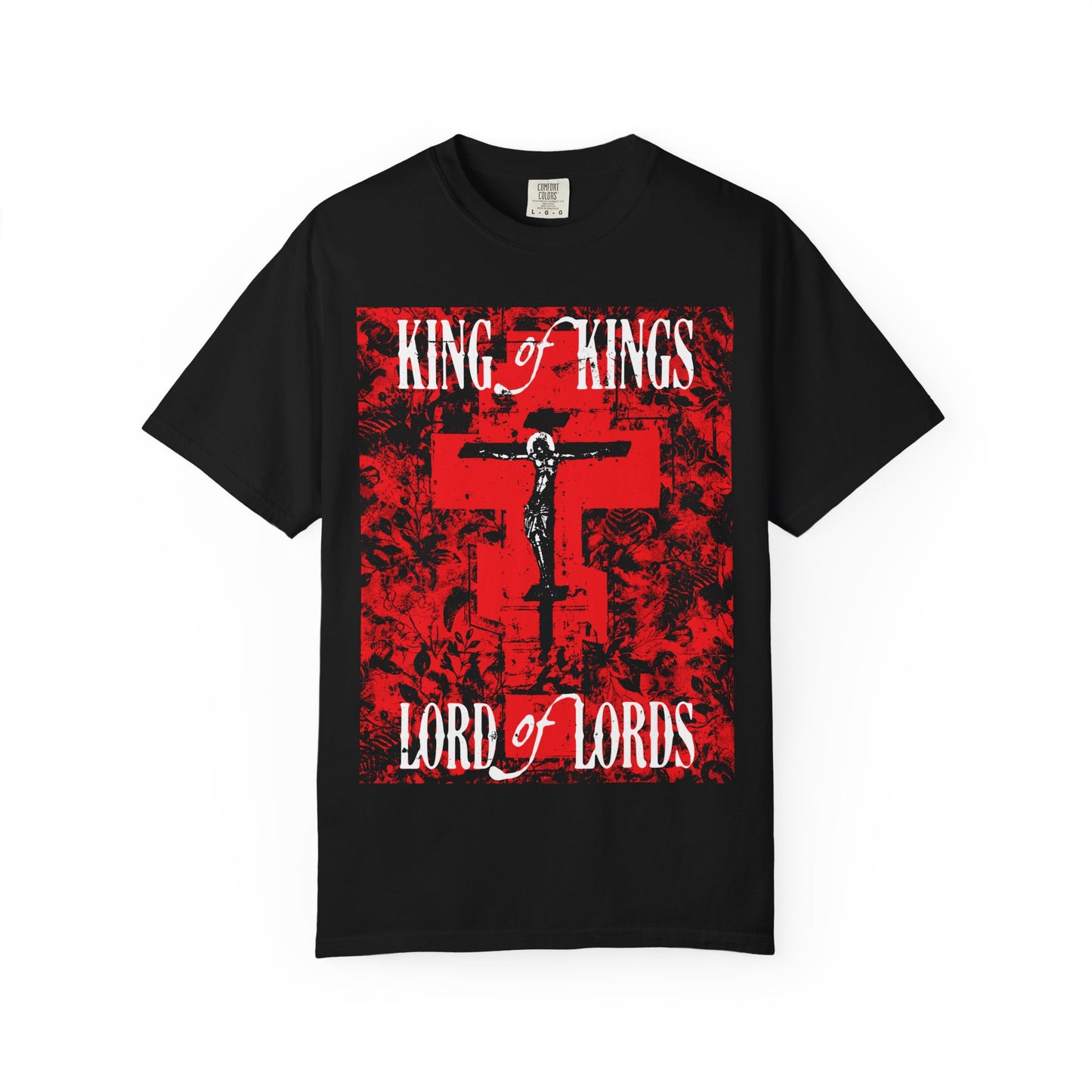 King of Kings, Lord of Lords | Christ Crucified Icono-Graphic | Red Cross Nature Texture w/ White Text | Heavyweight Cotton Unisex Tee