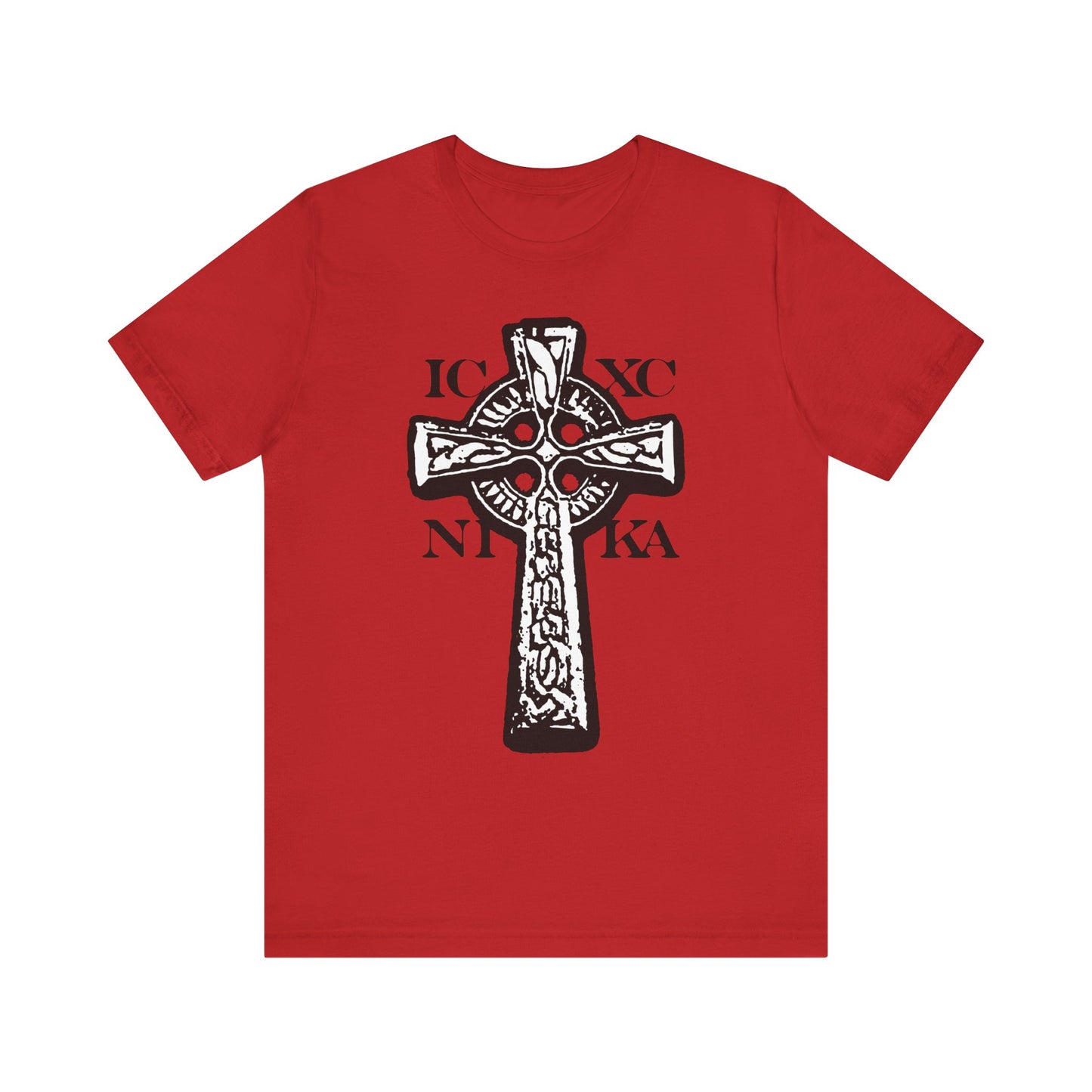 ICXC NIKA Celtic Knotwork Cross lightweight cotton unisex T-shirt in red, featuring a striking black and white cross with Greek letters encircling it to symbolize the conquering power of Jesus Christ and the enduring strength of the Cross.