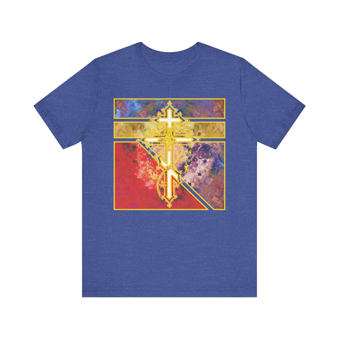 Heather True Royal t-shirt featuring an ornate Orthodox cross with vine and textured geometric pattern; made of lightweight cotton, unisex design.