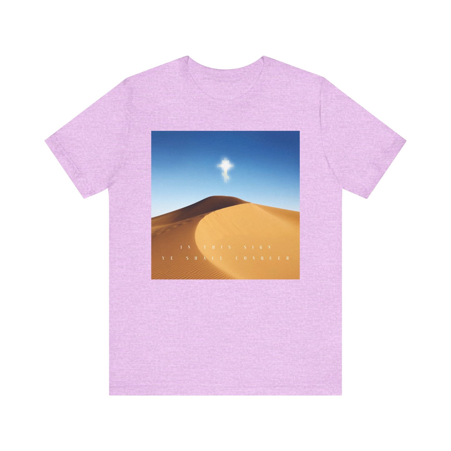 Heather Prism Lilac unisex tee featuring a desert sun scene and the text "In This Sign Ye Shall Conquer"—Orthodox Christian design, honoring the Cross as the Might of Kings. Lightweight cotton for comfort.