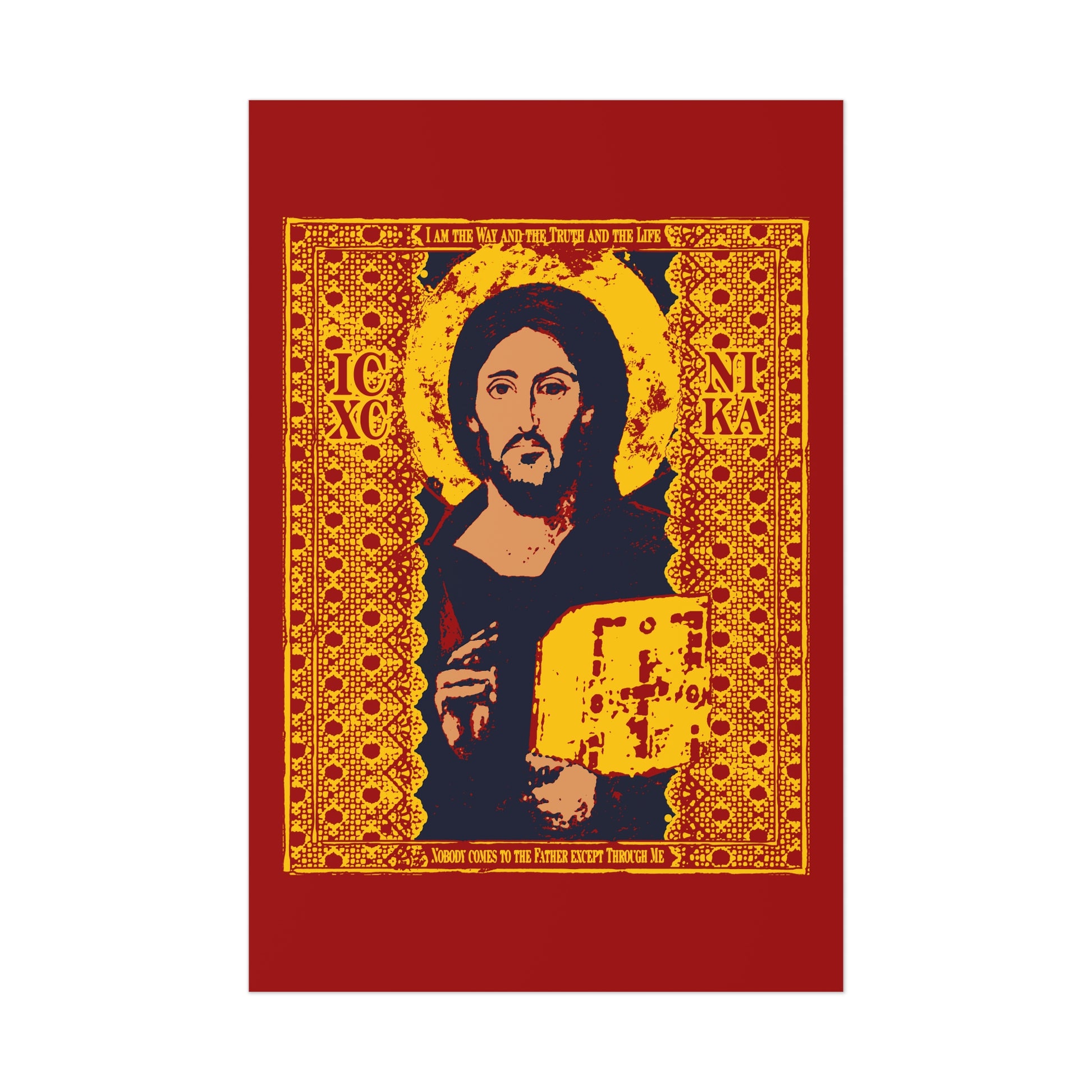 The Jesus Christ Sinai Pantocrator IconoGraphic poster features ICXC NIKA and "I am the Way" from John 14:6, with ornate gold on a red, yellow, and blue background—an Orthodox Christian icon-style design.