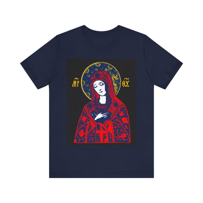 Navy Joy of All Joys Tenderness Theotokos T-shirt featuring a bright red iconographic Orthodox Christian design inspired by traditional Orthodox iconography.