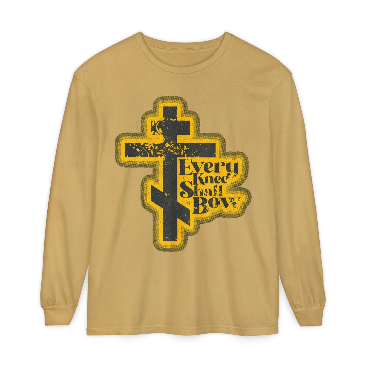 Mustard long-sleeve shirt featuring "Every Knee Shall Bow" in a 70s distressed comic book style, inspired by Philippians 2:10-11, Isaiah 45:23, and proclaiming Jesus Christ as Lord.