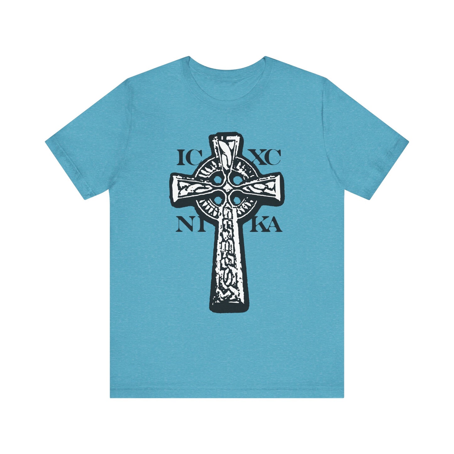 Heather aqua t-shirt featuring a striking black and white Celtic Knotwork Cross with bold Greek letters ICXC NIKA—meaning “Jesus Christ Conquers”—on a vibrant red background, symbolizing the power of the Crucified.