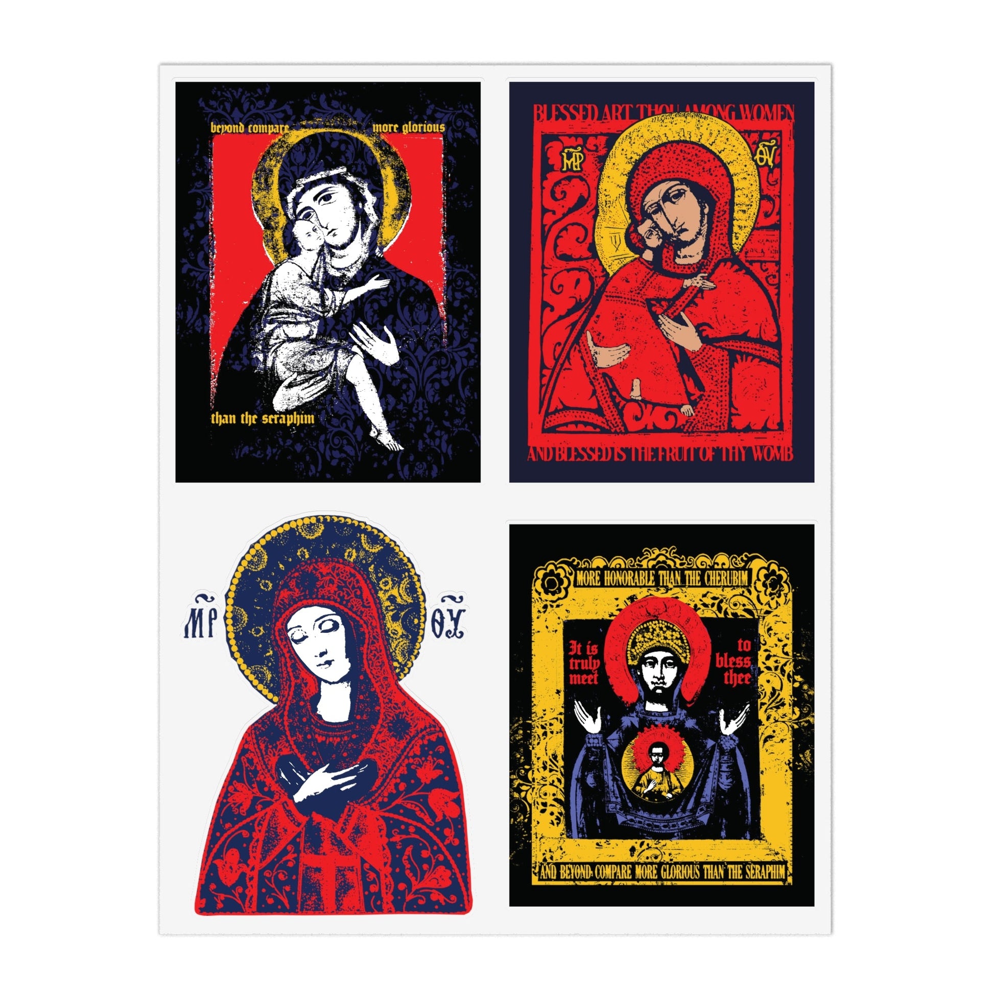 Remembrance of Death Theotokos IconoGraphic Sticker Collection No. 1 features four colorful Orthodox Christian stickers of the Virgin Mary and Christ Child in Vladimir icon style, with ornate halos and rich Byzantine-inspired backgrounds.