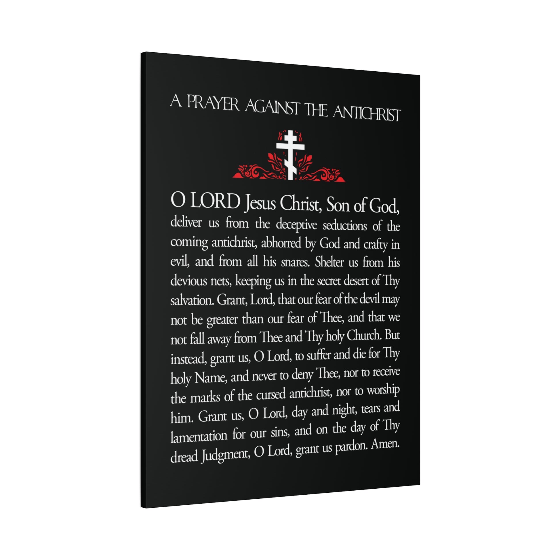 The "Prayer Against the Antichrist By Elder Anatoly the Younger of Optina | Christ is King | Book of Revelation" is an Orthodox Christian wall art plaque featuring a cross and red accents on black, inspired by Elder Anatoly’s prayer.