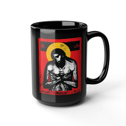 The King of Glory Jesus Christ "Extreme Humility" IconoGraphic black mug features Christ with a yellow halo on a red background, hands crossed—an inspiring Christian devotional piece in red, yellow, white, and black.