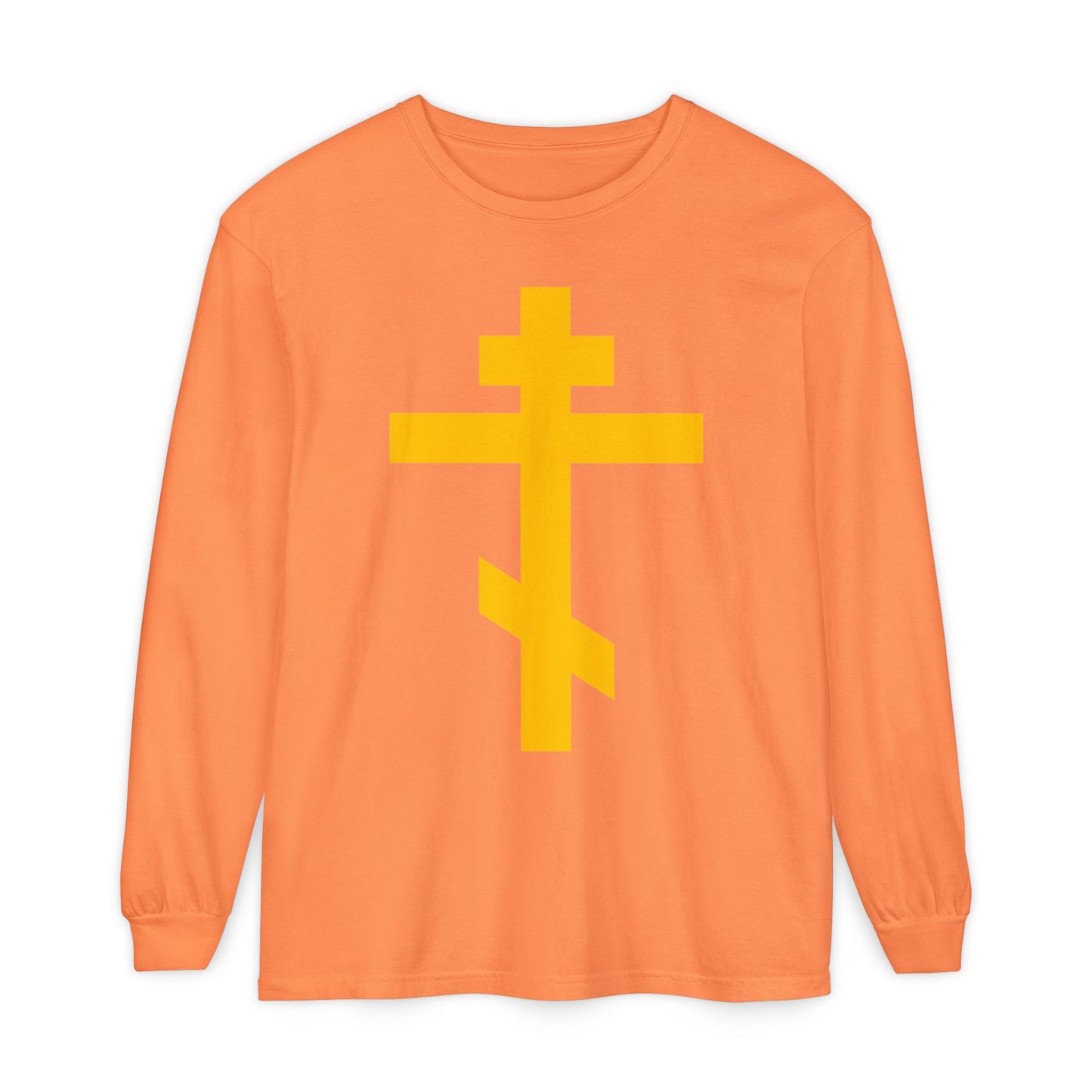 Melon long sleeve cotton shirt featuring a large yellow Orthodox Cross on the front—Precious and Life-Giving Weapon of Unseen Warfare, Scourge of Demons. Inspired by Galatians 2:20 and the message "crucified with Christ.