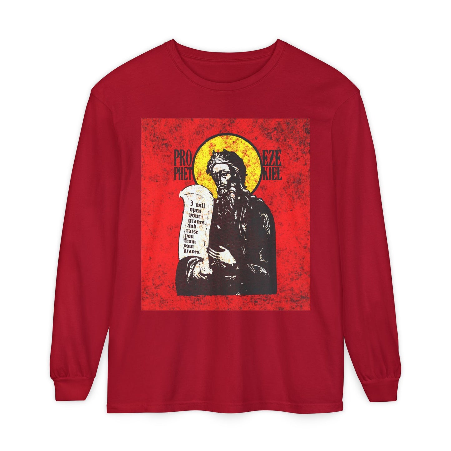 Prophet Ezekiel IconoGraphic | Textured, High Contrast Bright Red and Yellow Design | Old Testament | Orthodox Christian Long Sleeve Shirt