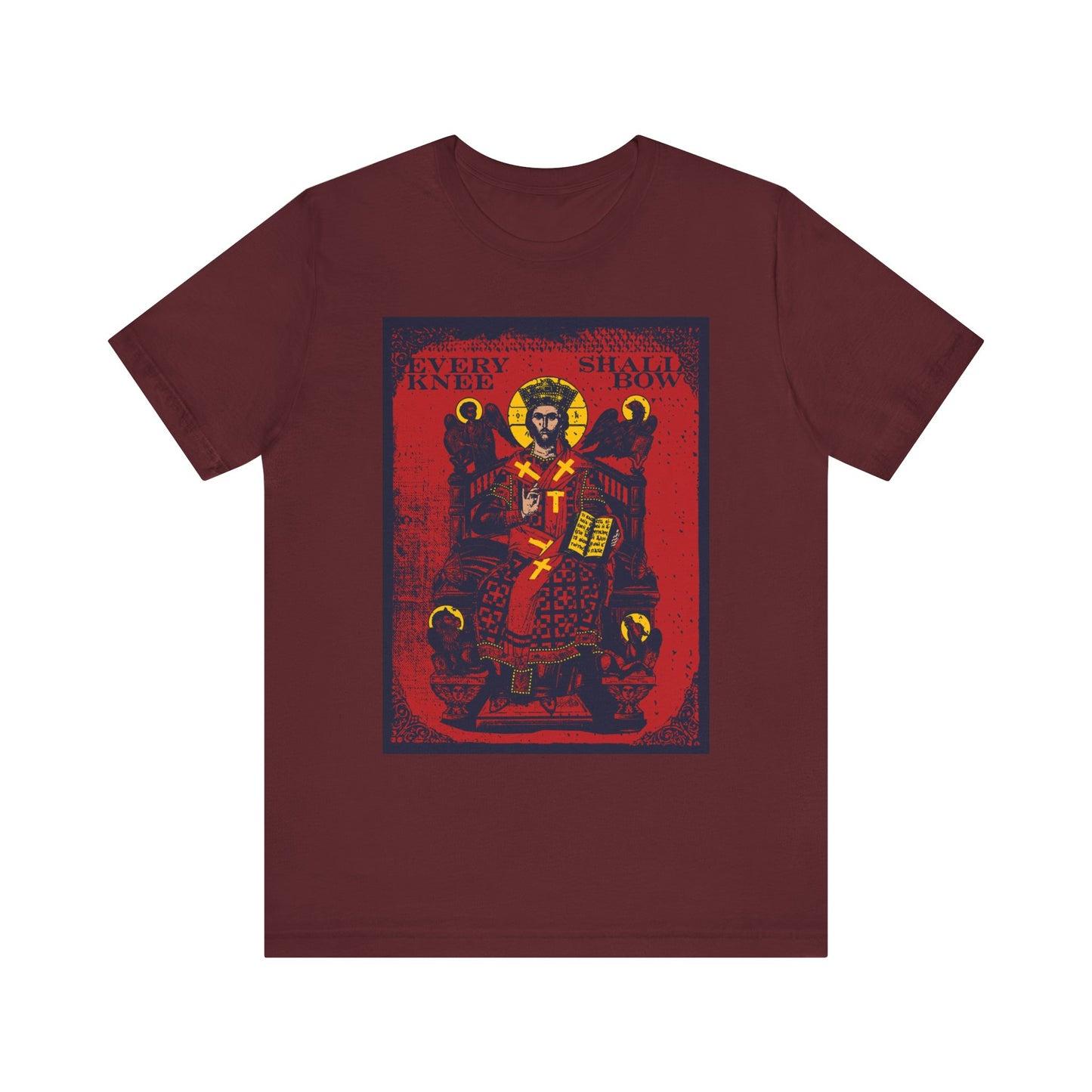 Maroon unisex t-shirt featuring Christ Enthroned IconoGraphic with "EVERY KNEE SHALL BOW" text, inspired by Phil 2:8-11 & Isaiah 45:23, declaring Jesus Christ is Lord. Lightweight cotton.