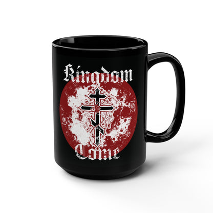 Kingdom Come | Lord's Prayer | Orthodox Cross with Vine | Textured Gothic Font | Orthodox Christian Black Mug
