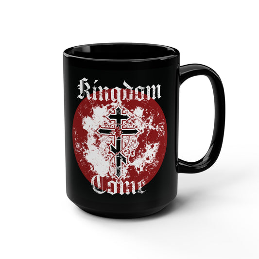 Kingdom Come | Lord's Prayer | Orthodox Cross with Vine | Textured Gothic Font | Orthodox Christian Black Mug