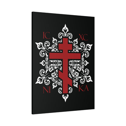 ICXC / NIKA Red Orthodox Cross on Ornate White Medieval Floral Design | Exclusive Best-Selling | Orthodox Christian Canvas Art