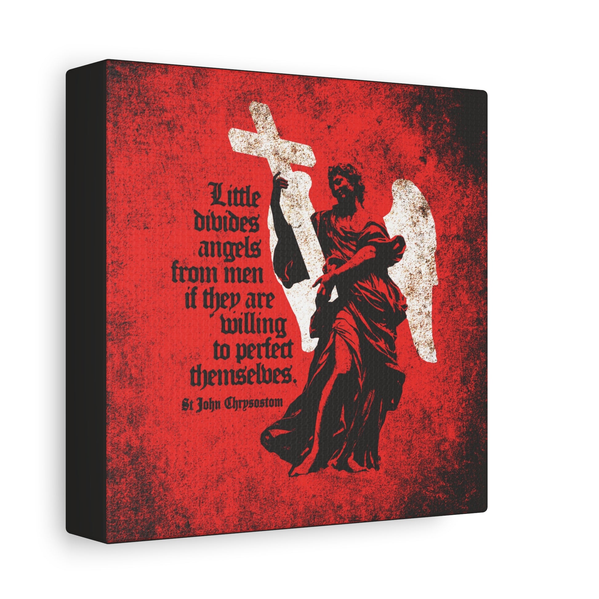 The “Little Divides Angels from Men” Orthodox Christian canvas art features a textured black angel with a cross and a St. John Chrysostom quote, inspired by the Christian faith and Bible verses.