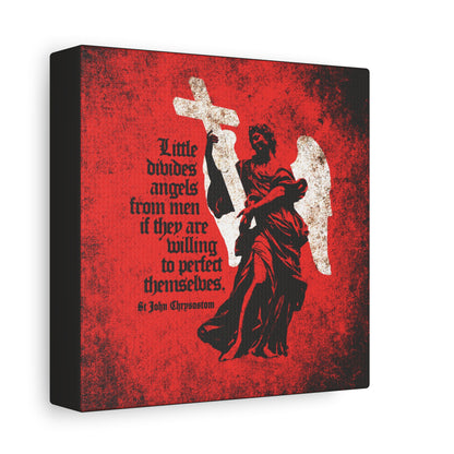The “Little Divides Angels from Men” Orthodox Christian canvas art features a textured black angel with a cross and a St. John Chrysostom quote, inspired by the Christian faith and Bible verses.