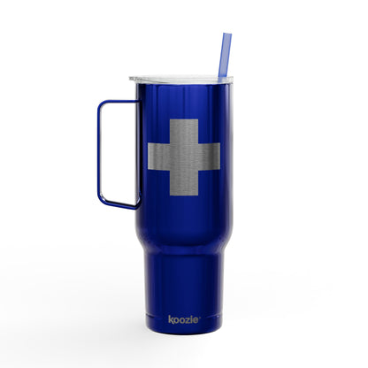 Royal-colored, 40oz Minimalist Cross Engraved Koozie Tumbler made of insulated stainless steel, featuring a handle, clear lid, and straw; branded at the bottom—an ideal home and travel accessory for Orthodox Christians.