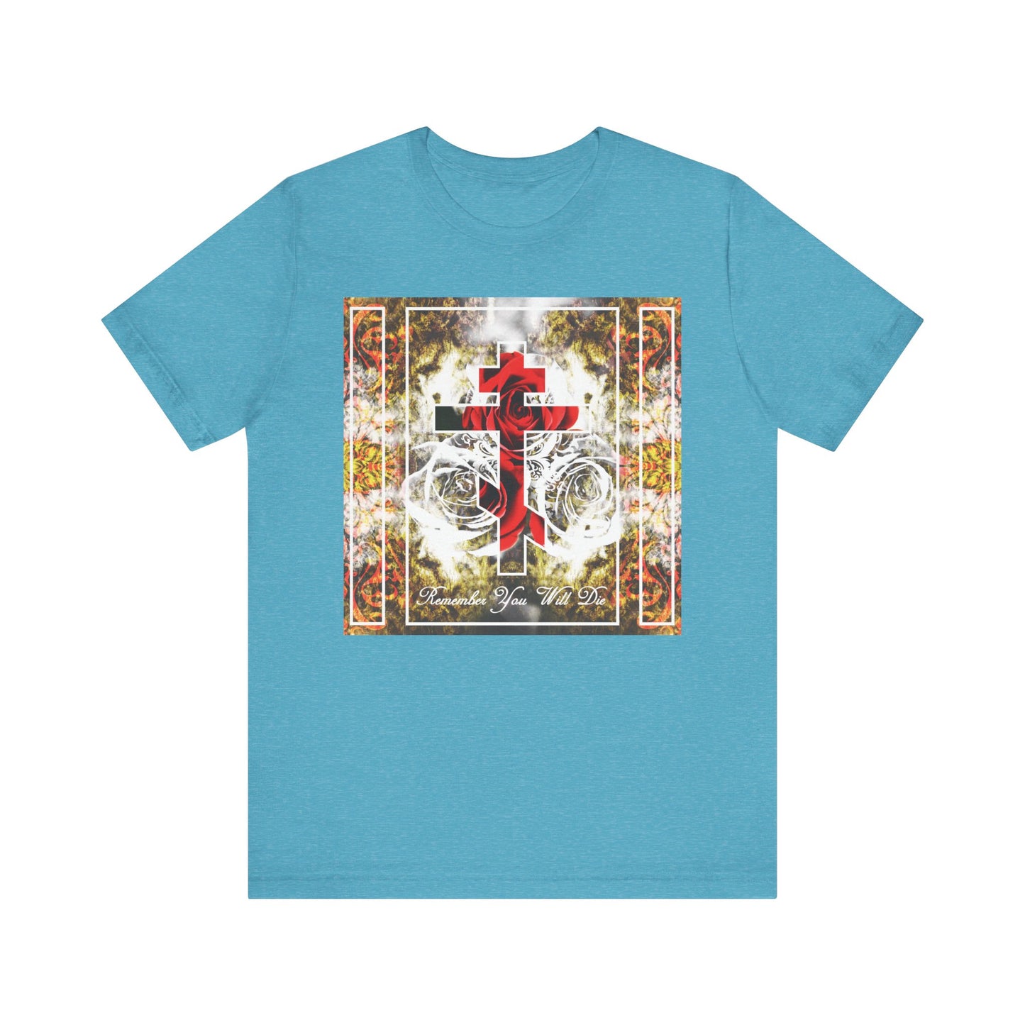 Heather aqua unisex jersey t-shirt featuring an elegant "Remember You Will Die" font with an Orthodox cross adorned with roses and a floral texture on the front. This classic short sleeve Christian tee is crafted from lightweight, soft cotton for comfortable, all-day wear and timeless style.
