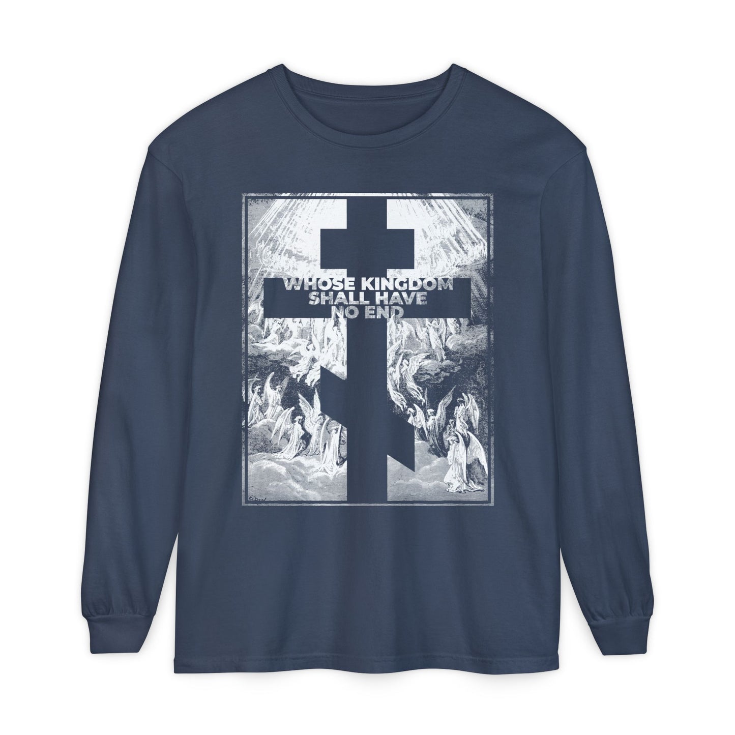 The "Whose Kingdom Shall Have No End" Orthodox Midnight long sleeve features Gustave Doré’s Apocalyptic etching and Nicene Creed text—perfect for those who value the Symbol of Faith and Christian tradition.
