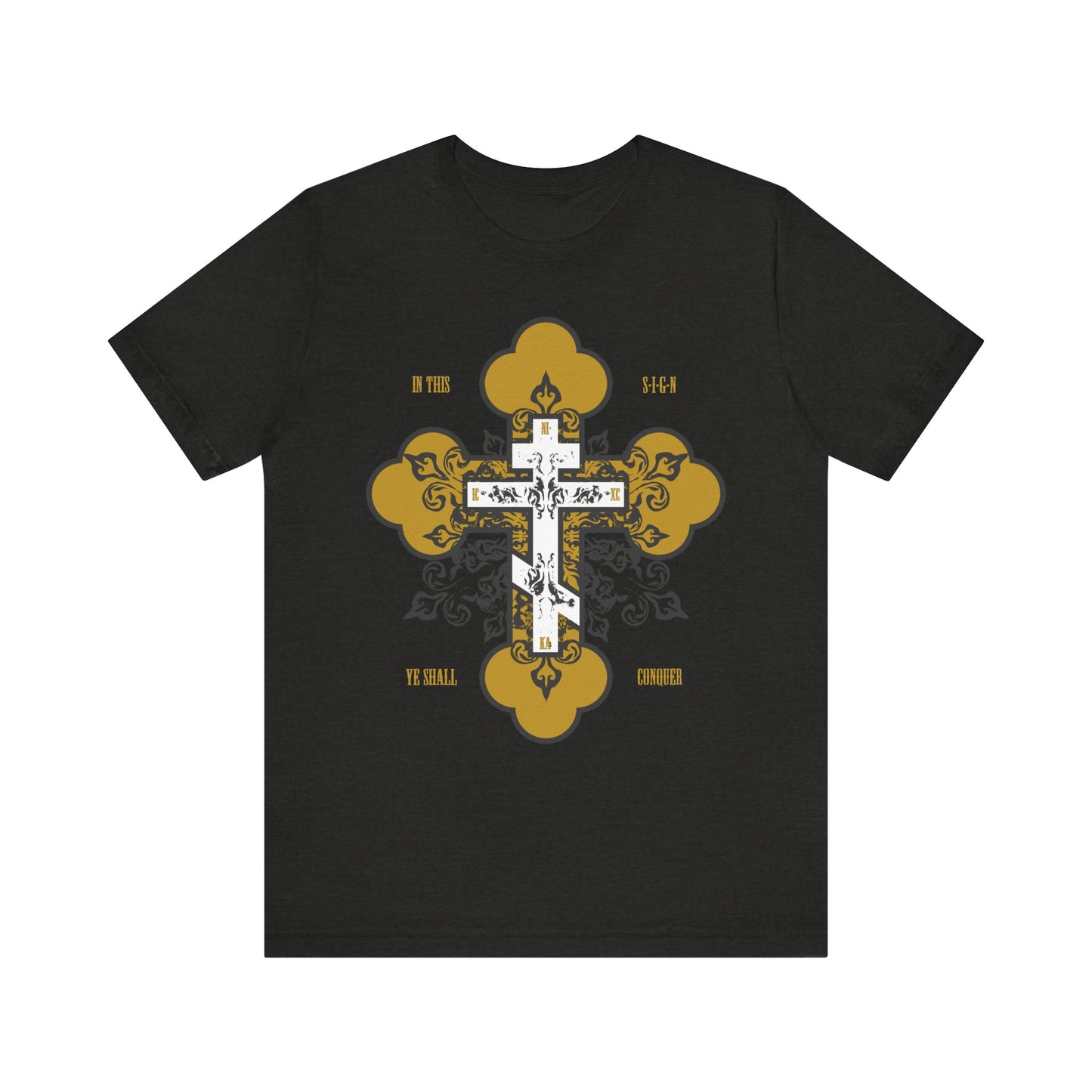 Black Heather tee featuring a gold & white ornate Orthodox cross and "In Hoc Signo Vinces"—a bold reminder of spiritual victory. Lightweight unisex cotton.