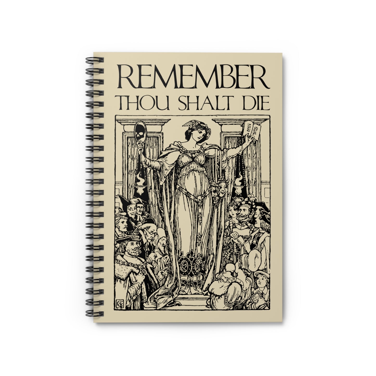 The "Remember You Will Die" spiral notebook features a Shakespearean memento mori design with classic woodcut art, text reminder, and an Orthodox Christian aesthetic—perfect for daily reflection on mortality.