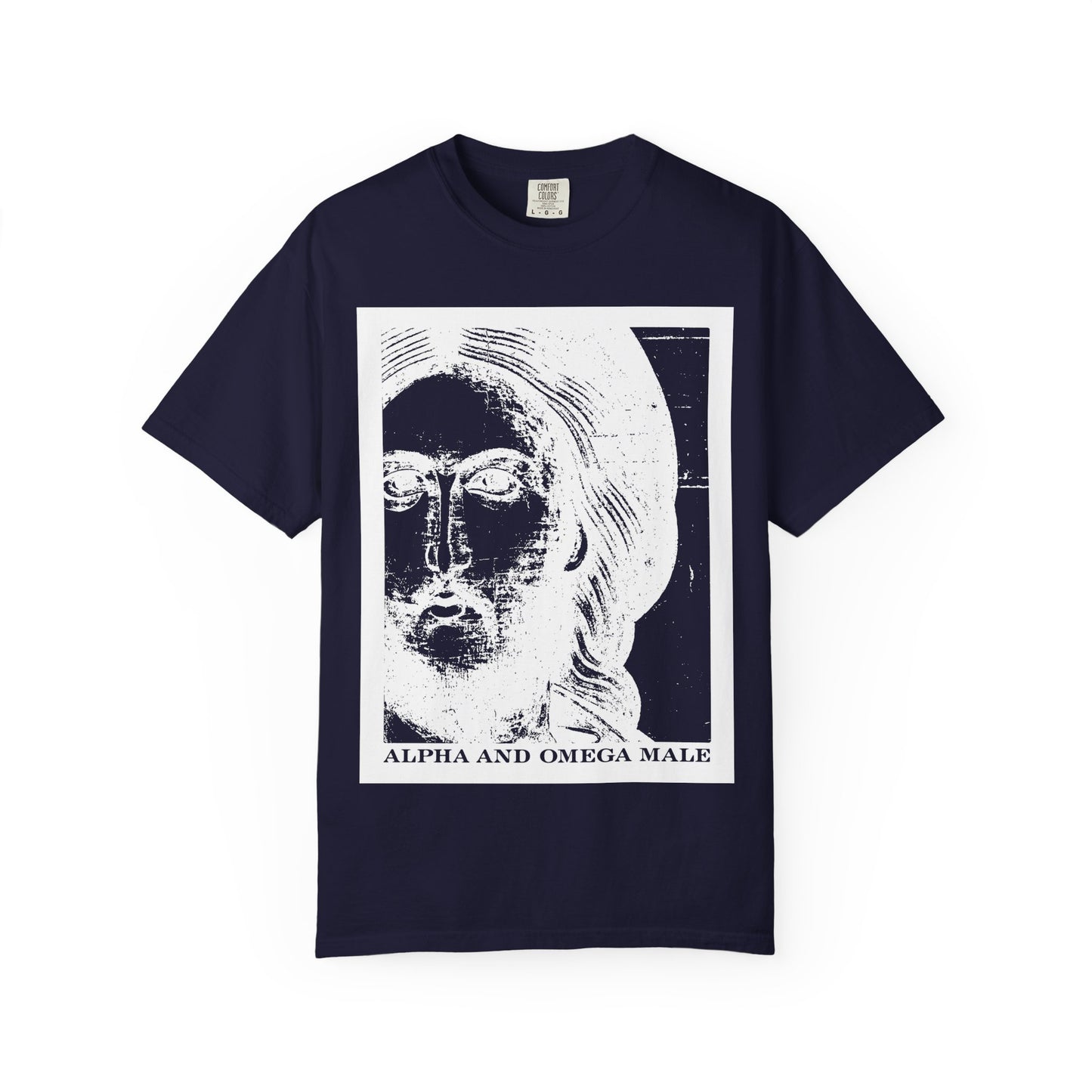 Alpha & Omega Male | Jesus Christ Icono-Graphic Photonegative | I am the Beginning & the End (Rev 22) | Heavyweight Cotton Unisex T-Shirt