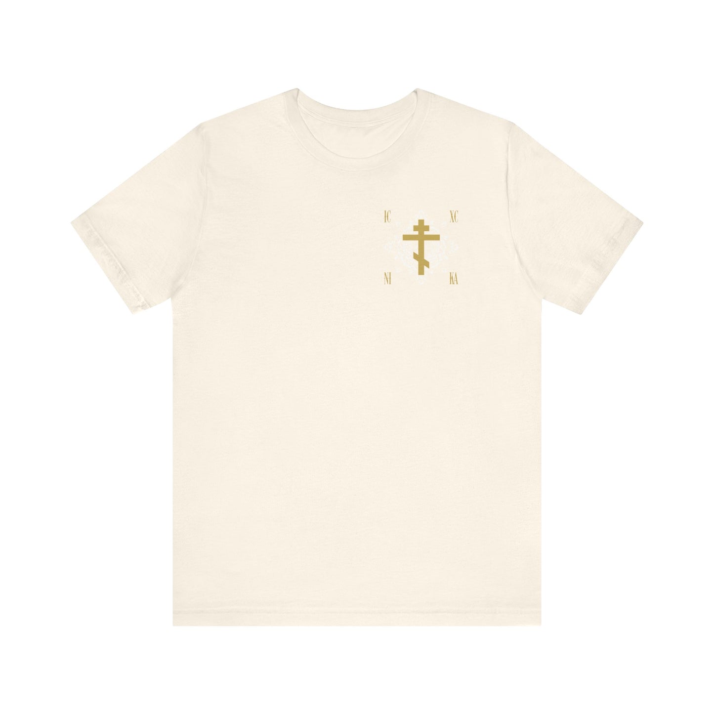 Gold Orthodox Cross ICXC NIKA  (Small Design) | White Medieval Ornate Floral Pattern | Jesus Christ Conquers | Christian Unisex Cotton Tee