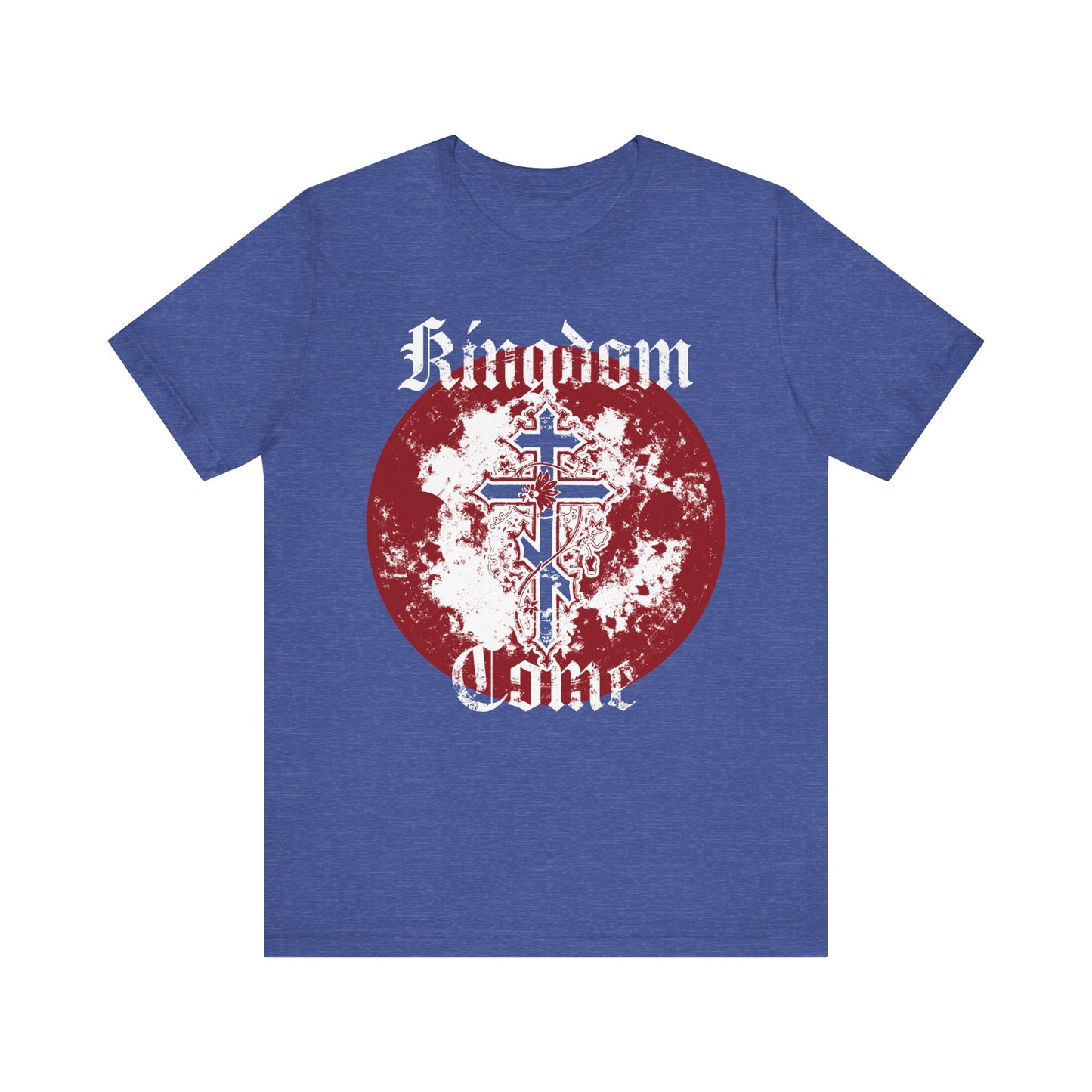Heather True Royal t-shirt featuring "Kingdom Come" in a textured gothic font, a distressed red circle, and an Orthodox cross with vine graphic at the center—an inspiring nod to "Thy Kingdom come" from the Lord’s Prayer.