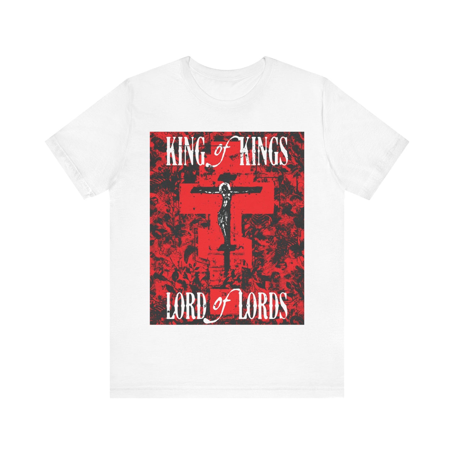 King of Kings, Lord of Lords | Christ Crucified Icono-Graphic | Red Cross Nature Texture w/ White Text | Christian Cotton T-Shirt