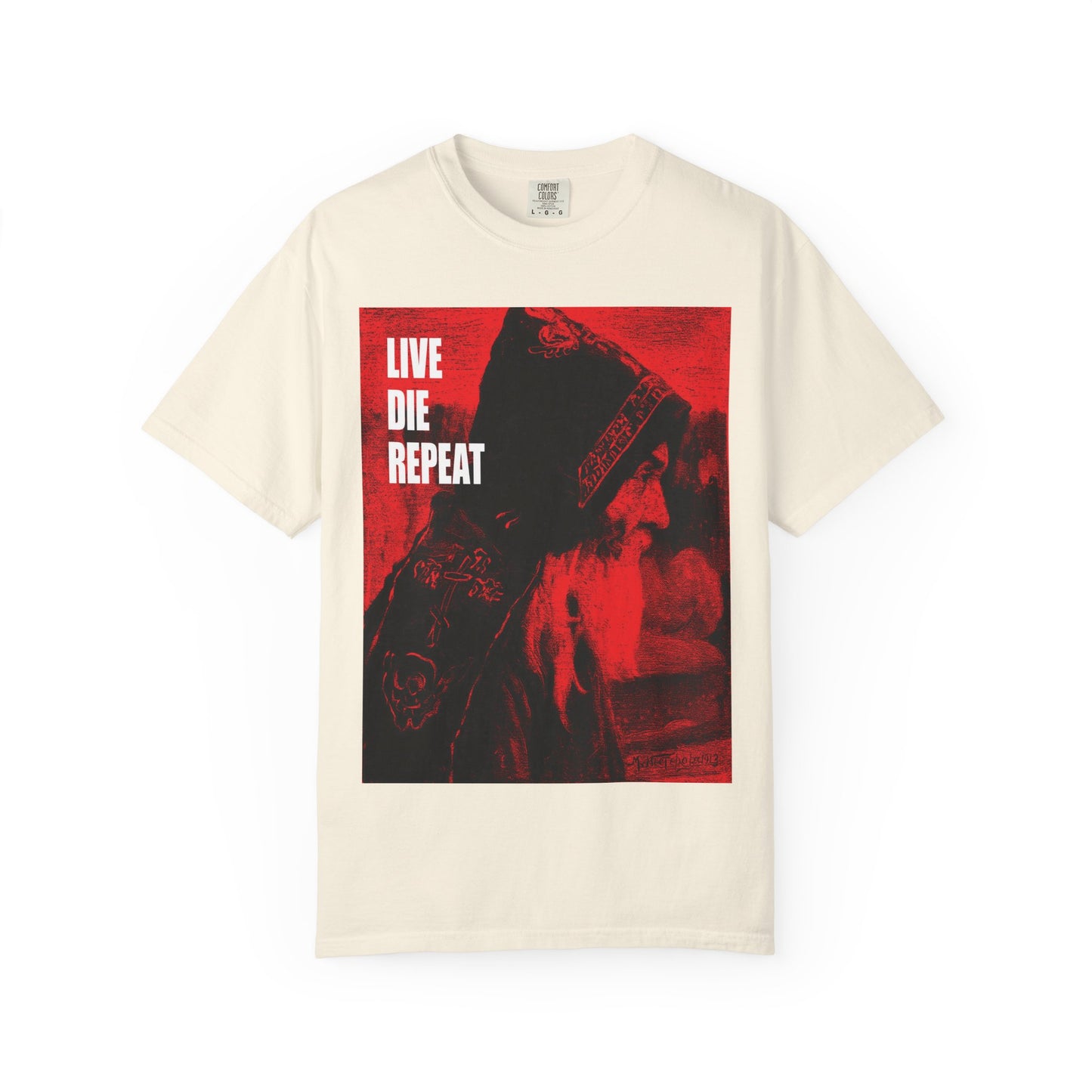 Ivory heavyweight cotton tee featuring Mikhail Nesterov's Orthodox monk art and the quote "Die Every Day, You Will Live Forever"—a bold design for ascetics inspired to live forever through their actions. Unisex fit.