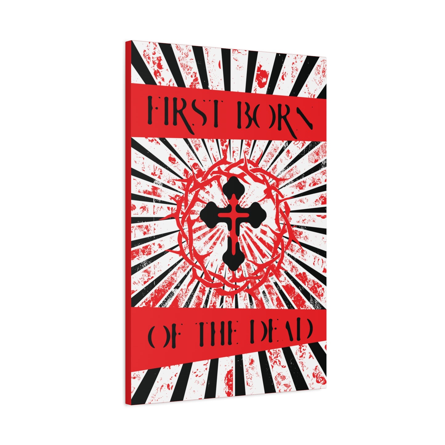 First Born of the Dead | Orthodox Cross and Crown of Thorns | Red White and Black Textured Design with Rays | Orthodox Christian Canvas Art