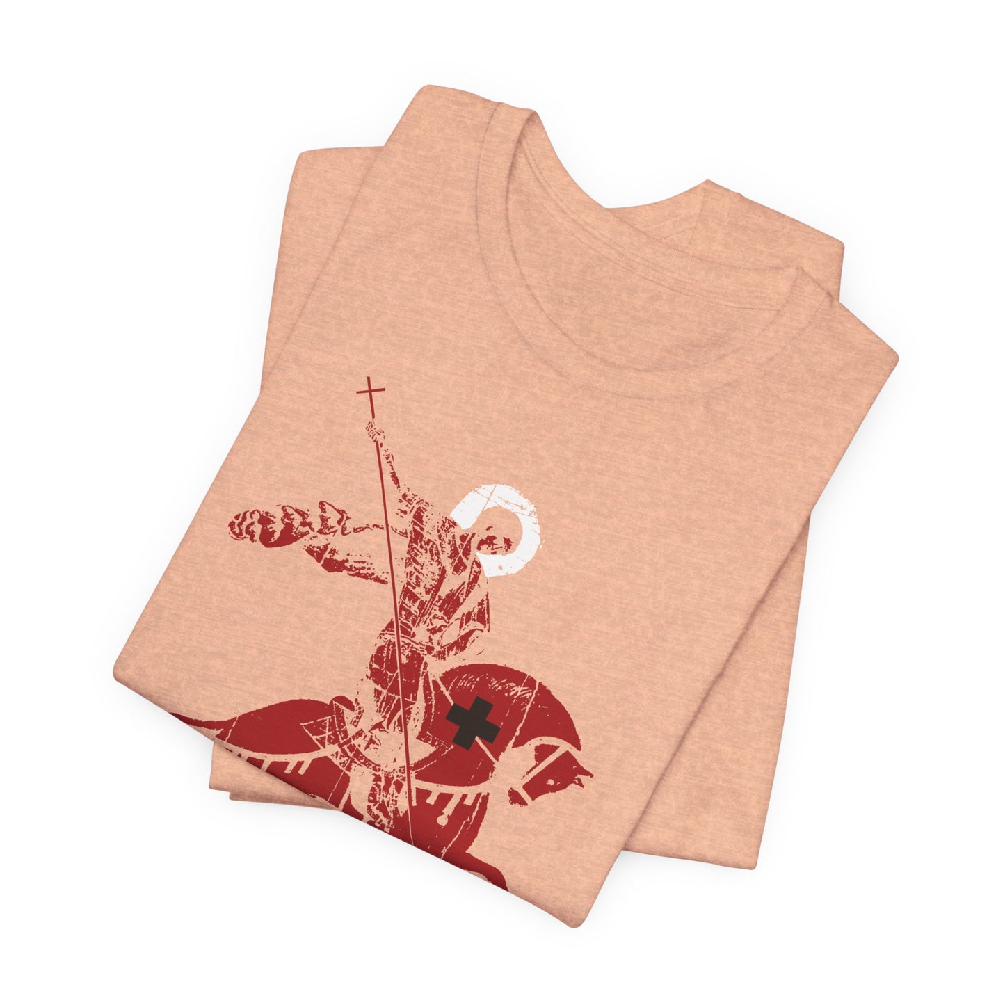 Those Who Mourn Over Their Sins“ lightweight peach cotton unisex tee featuring a bold red graphic inspired by St George slaying the dragon, invoking the spirit of St John Climacus and the noble endurance found in Orthodox Christian tradition.